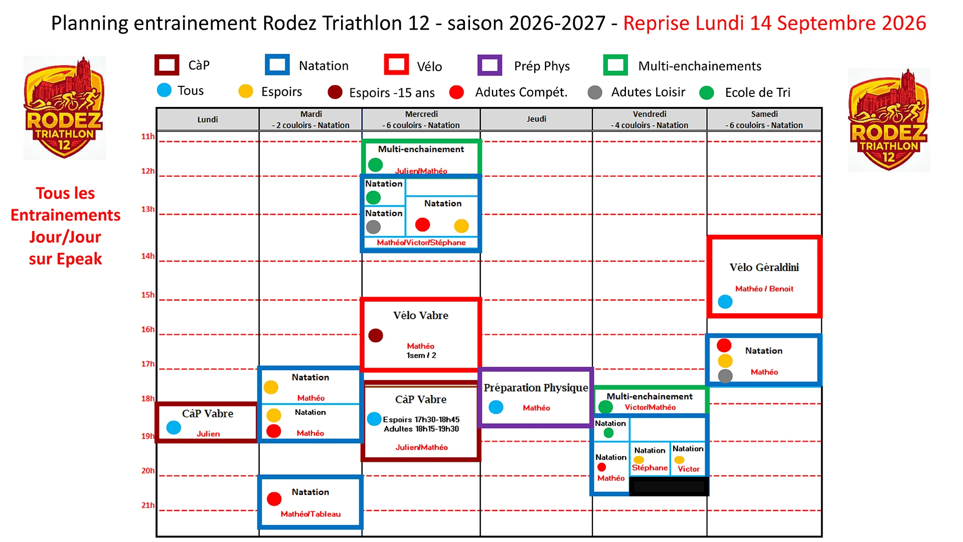 Planning des entrainements 2026-2027 Planning des entrainements 2026-2027